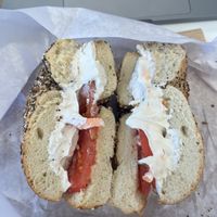 Everything bagel w tofu veggie cream cheese and tomato  at Liberty Bagels - Wall Street in New York City