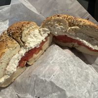 Everything bagel with tofu cream cheese and tomato   at Liberty Bagels - Wall Street in New York City