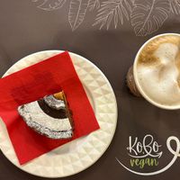 soy cappuccino and chocolate and salted caramel cake  at Ko.bo Vegan in Milan