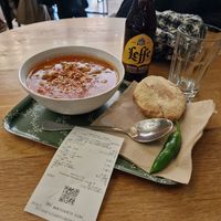 Chickpea tomato vegan, vegan beer and bread, and pepper all for 12.80 lev at Supa Star 2 in Sofia