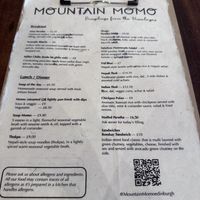 Menu  at Mountain Momo in Edinburgh
