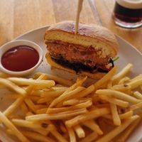 Loved being able to have a choice from the vegan menu.
I was so hungry I ate half of my burger before I took the photo. Very tasty.  I also had the onion rings, they were great too at The Moorings in Franklin