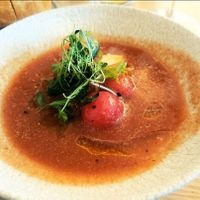 Cold melon and tomato soup (vegan). Seasonal. at Franquette in West Sacramento