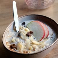 Veganes Porridge mit Apfel, Mandeln und Rosinen gibt es zur Stärkung auch bei uns.
 at JayJay Yoga Cafe in Cologne