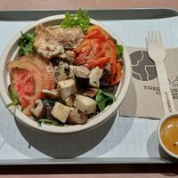 Salad bowl: mixed greens, tomato slices, roasted mushroom, roasted bell peppers, grilled tempeh, amba, umami blend at TREEHOUSE - Tsim Sha Tsui in Kowloon