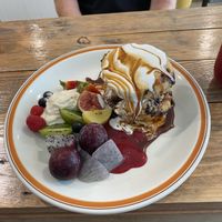 pancakes with choc chips, caramel and cream toppings   at Dragonfruit Café in Whangarei
