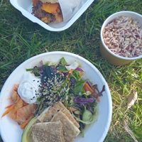 wrap and salad bowl  - note that the pic was taken after a few hours of those waiting in the car trunk... at Dragonfruit Café in Whangarei
