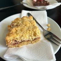 Vegan strawberry & rhubarb crumble, vegan rocky road  at Roast & Toast Cafe in Sowerby Bridge