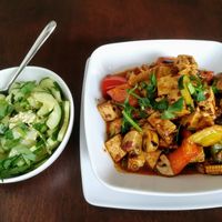 Szechuan Tofu with cucumber Salad at Leaf Vegetarian in Rotterdam