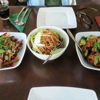 Crispy Bacon, Baked Noodles, Chicken in XO sauce at Leaf Vegetarian in Rotterdam