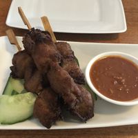 Malaysian chicken satay with peanut sauce at Leaf Vegetarian in Rotterdam