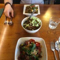 Tom yum curry, fried noodles and soya ribs in Beijing sauce at Leaf Vegetarian in Rotterdam