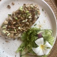 Truffle hummus and mushrooms on toast  at Pak Pak Vegan Food in Trat