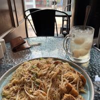 Singapore style fried vermicelli and lychee drink  at September Vegan Food in Wellington