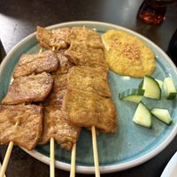 Satay “chicken” skewers  at September Vegan Food in Wellington