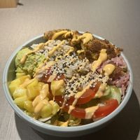 Soy ‘chicken’ bowl with orange dressing   at Katzentempel - München in Munich