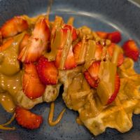 Waffles with strawberries and biscoff at Joys Coffee House in Otley