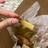 Sugar cane bone, it soaks up flavor and tastes yummy to suck on. Sweet & Savory finish to the meal.  at ON THE RUN Vegan in Miami