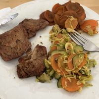 Special made veggies (best part of whole meal) and “cutlets”  (good flavors, but I don’t like the texture)  at La Vegana in Ferrara