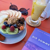 Vegan chia bowl & coconut based milk shake   at Boho Café   in Rabat
