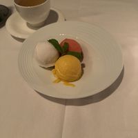Coconut, mango, and strawberry sorbet with herbal mint tea.  at The Bombay Club in Washington