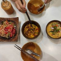 Somtam, khaosoi and tomyum soup at Morning Glory in Chiang Mai