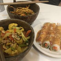 Khao soy, masaman curry and spring rolls at Morning Glory in Chiang Mai