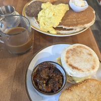 Fluffy American pancake breakfast and breakfast sandwich with sambol!   at Cooper's Co-op Cafe in Portland