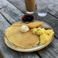 American pancake combo with iced coffee in the backgroundd  at Cooper's Co-op Cafe in Portland