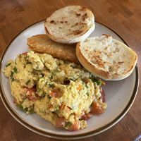 huge “egg” scamble with tomatoes and scallions.  at Cooper's Co-op Cafe in Portland