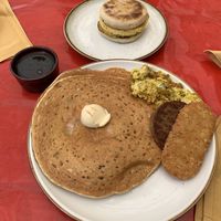 Sausage breakfast Sando and Blueberry pancakes  at Cooper's Co-op Cafe in Portland