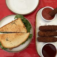 Tempeh BLT sandwich, mozzarella sticks, and dipping sauce  at Cooper's Co-op Cafe in Portland