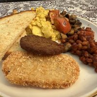 Full English Breakfast with sausage patty, toast, Just Egg™️ and hash brown patty    at Cooper's Co-op Cafe in Portland