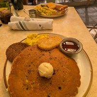 Blueberry pancakes, just egg scramble, impossible breakfast sausage, and hash browns 😍😍 at Cooper's Co-op Cafe in Portland
