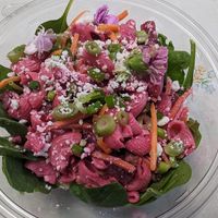 Pink pasta salad at Village Farmacy  in Poland