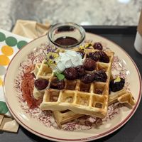 Belgian waffles with cherries. Light, fluffy, delicious waffles. at Village Farmacy  in Poland