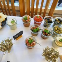 Vegan spreads, including salsa, hummus, guacamole, cream cheese, vegan antipasti at Ristorante Aragosta  in Burscheid