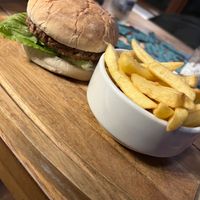 Vegan burger and fries  at Fighting Cocks in Dartford