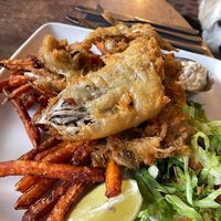 Vegan banana blossom fish n sweet potato chips  at Fighting Cocks in Dartford