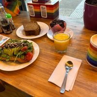 Vegan brunch combo- cafe, avocado toast, budin, chocolate muffin, orange juice at Maricafé  in Buenos Aires