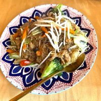 Pad woon sen with soy curls at Rukdiew Cafe in Portland