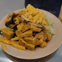 Our plate with several mock meats #Veganuary at Thiện Đức in Hanoi