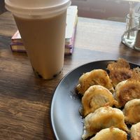 Jiǎozi and oat milk bubble teaa  at Happy Veggie - 天街素食 in Budapest
