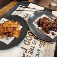 Beef and chicken replacements. The beef was a bit spicy, great taste and texture at Happy Veggie - 天街素食 in Budapest