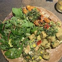   Herb Tofu, salad and grain salad, seeet potato with tahini  at Honest Greens - Las Ramblas in Barcelona