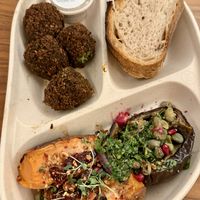 Falafel with tahini and sides of sweet potato and aubergine  at Honest Greens - Las Ramblas in Barcelona