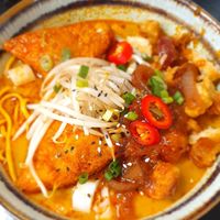 Vegan laksa with seitan and tofu puffs at Nasi Lemak - Scarlet Door in Stockport
