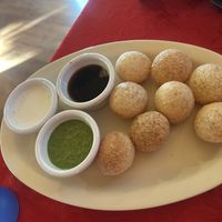 Pani puri - vegan if you skip the mint and yogurt sauces   at Everest Chilli Pepper in Roseville