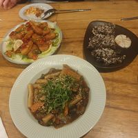 Two dishes on left veg/ vegan. at Ggulggeok House - 꿀꺽하우스 in Busan