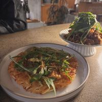 Vegan corn, sweet potato, potato jeon + fried oyster mushroom   at Ggulggeok House - 꿀꺽하우스 in Busan